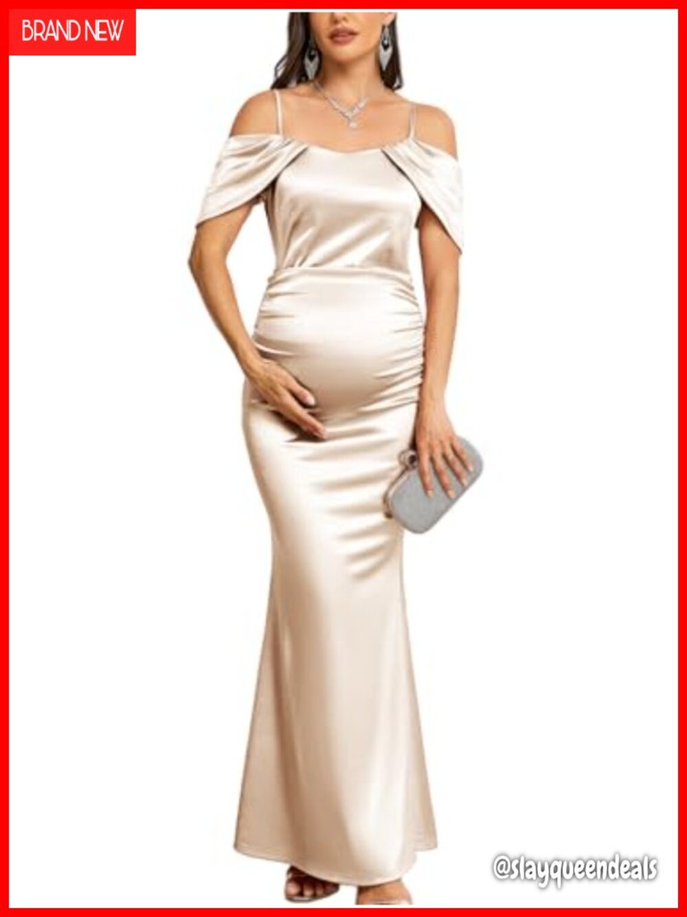 Maternity Satin Mermaid Maxi Dress Off Shoulder Ruched Formal Baby Shower Gown